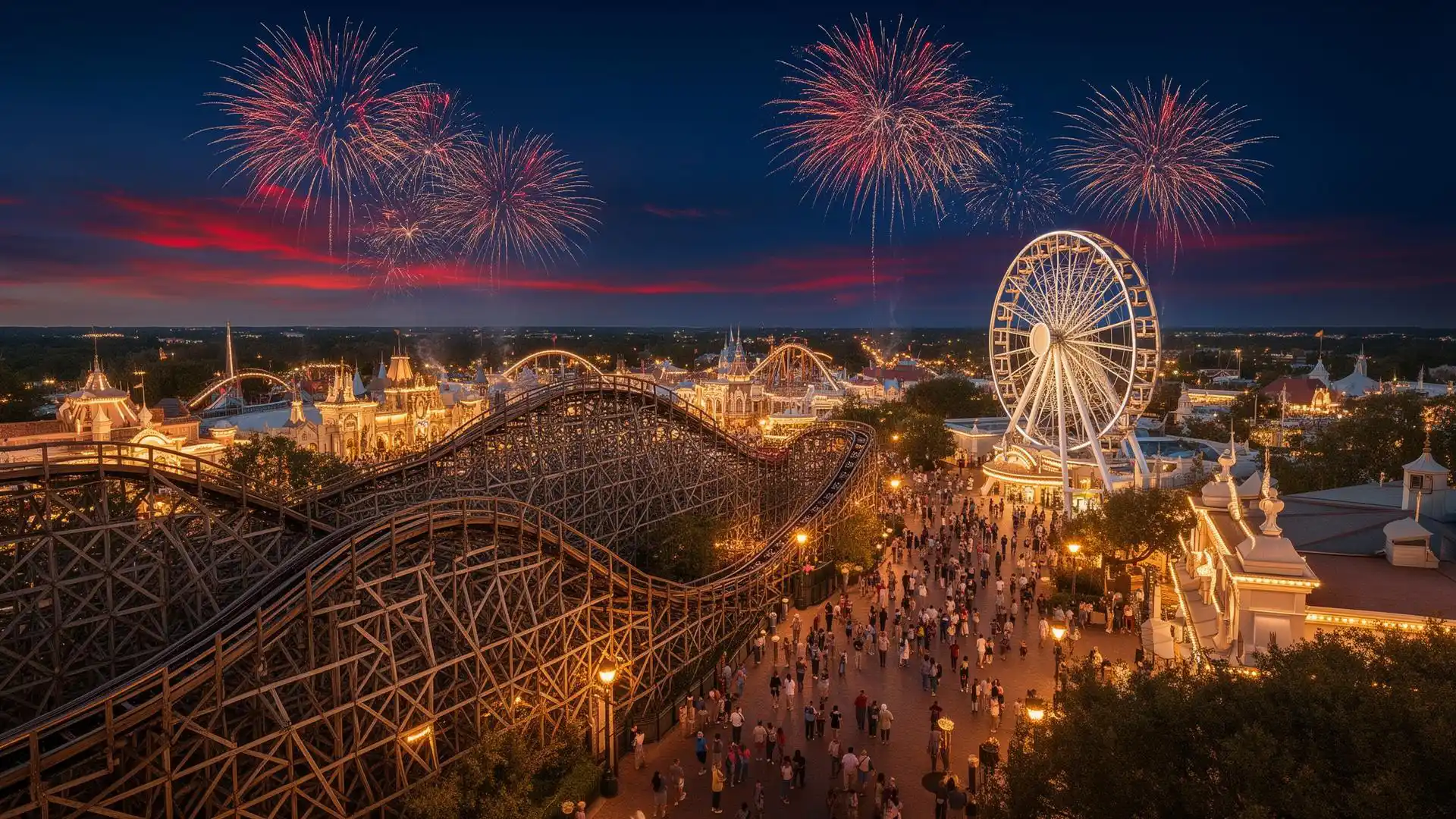 A grand theme park at twilight with a wooden roller coaster, Ferris wheel and fireworks
